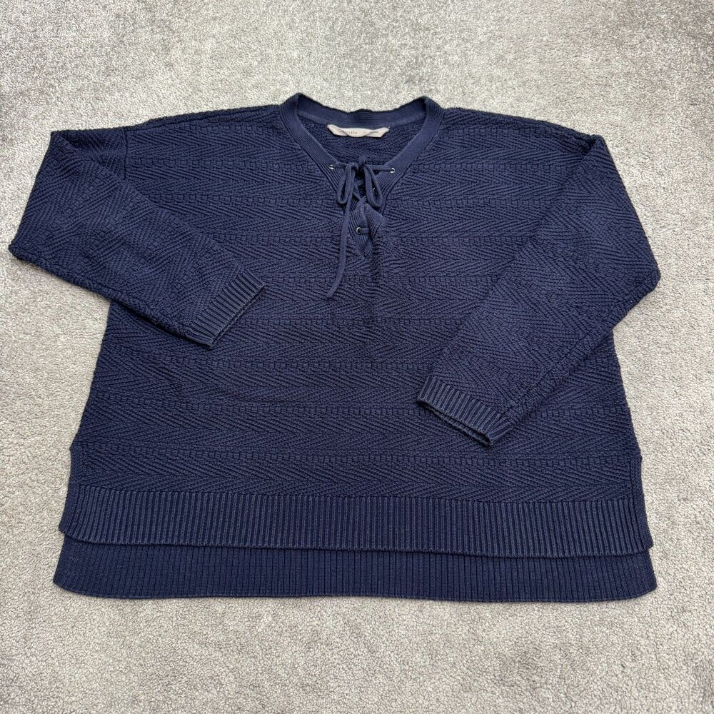 Athleta Sunset Lace Up Pullover Textured Knit Sweater Women XL Navy Blue Chevron